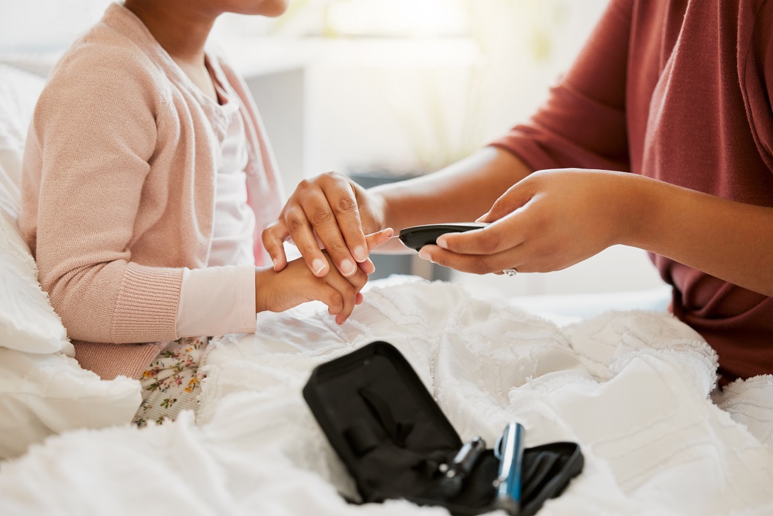 Needle, finger monitor and blood testing by medical care professional at home or hospital appointment. Pathology, healthcare and nurse consulting patient with diabetes or at risk of illness
